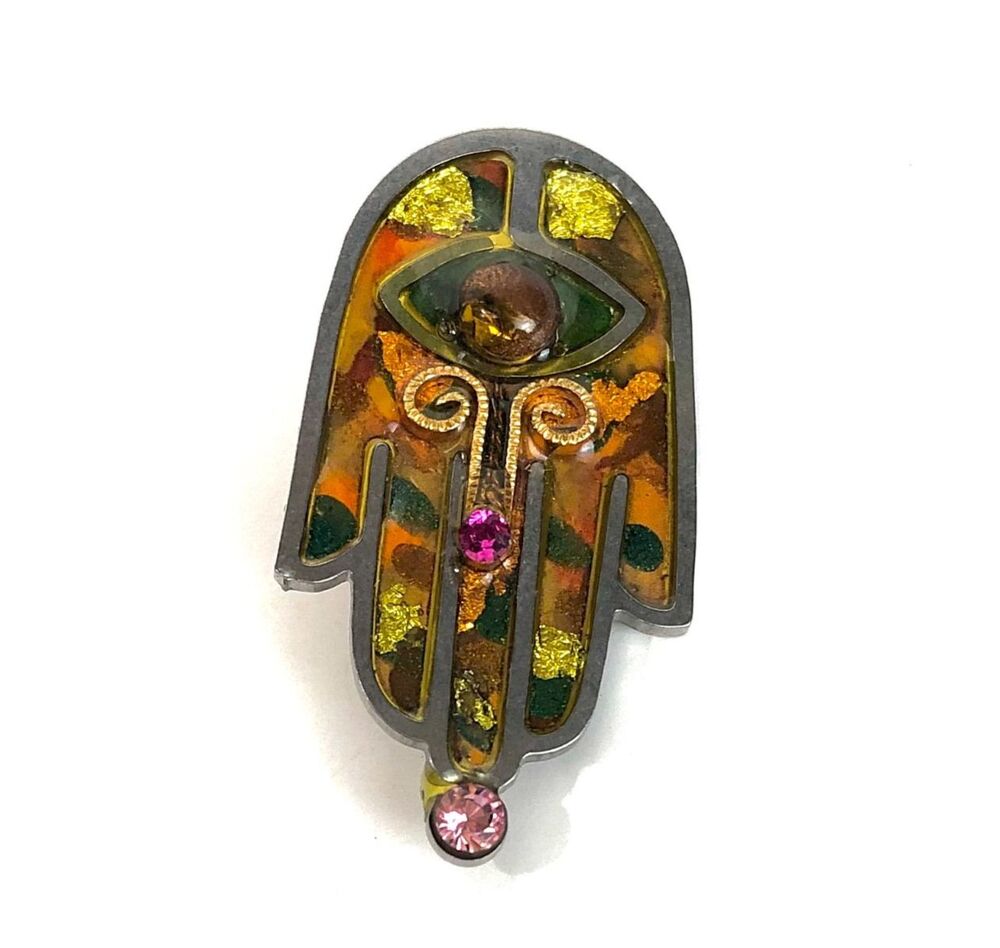 Vintage Seeka Hamsa Brooch Pin 1990s "Cherished Blessings" Israeli Artisan
